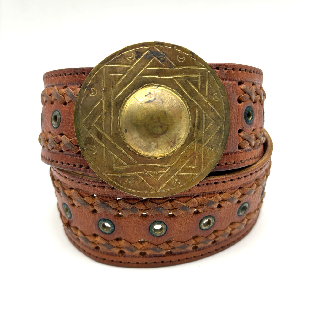 1970s Handmade Morrocan Brown Woven Leather Medallion Buckle Belt OS Up to 32"